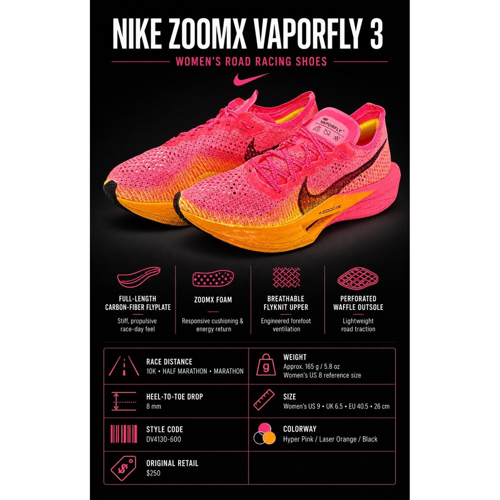 Nike ZoomX Vaporfly 3 Women's Size 9 Pink Orange Carbon Running Shoes DV4130-600 - Picture 10 of 10